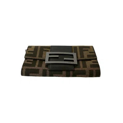 Pre-owned Fendi Black Brown Khaki Canvas Leather Wallet (bi-fold) () In Multi