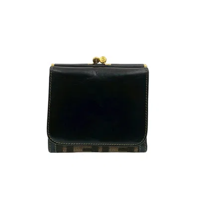 Pre-owned Fendi Black Brown Leather Canvas Wallet (tri-fold) () In Multi
