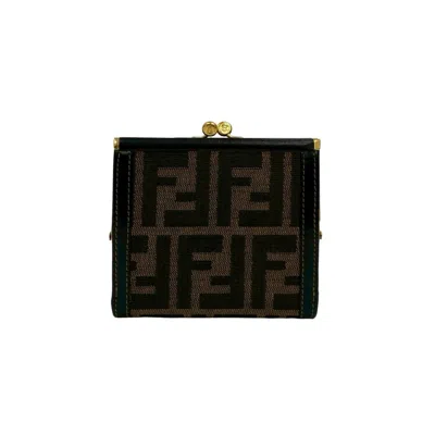 Pre-owned Fendi Black Brown Leather Canvas Wallet (tri-fold) () In Multi