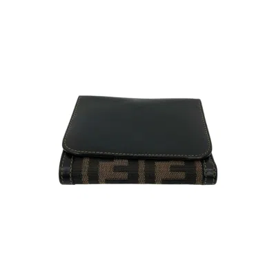 Pre-owned Fendi Black Brown Leather Canvas Wallet (tri-fold) () In Multi