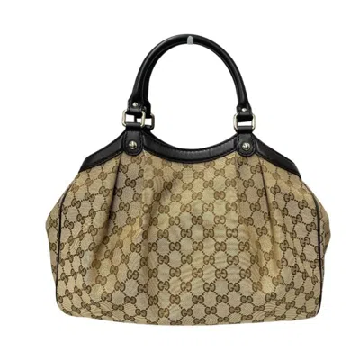 Pre-owned Gucci Beige Brown Gg Canvas Leather Tote Bag ()