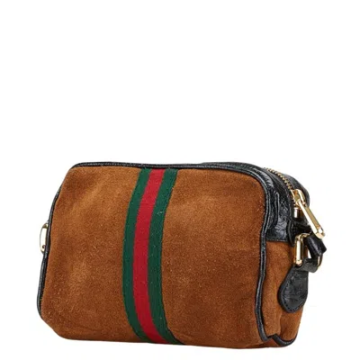 Pre-owned Gucci Black Brown Suede Leather Shoulder Bag ()