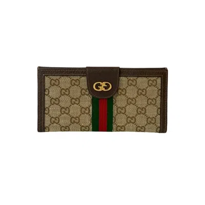 Pre-owned Gucci Brown Green Red Color Leather Canvas Long Wallet (bi-fold) ()