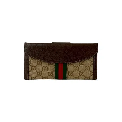 Pre-owned Gucci Brown Green Red Color Leather Canvas Long Wallet (bi-fold) ()