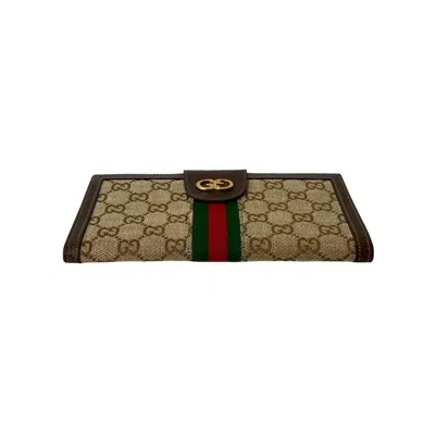 Pre-owned Gucci Brown Green Red Color Leather Canvas Long Wallet (bi-fold) ()