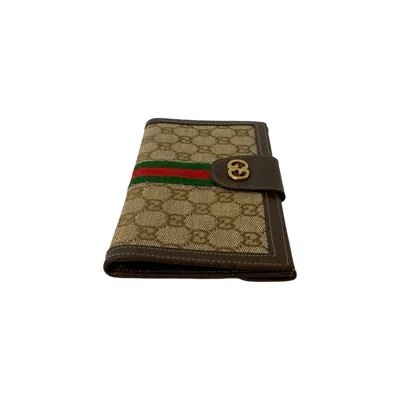 Pre-owned Gucci Brown Green Red Color Leather Canvas Long Wallet (bi-fold) ()