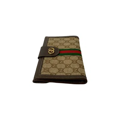 Pre-owned Gucci Brown Green Red Color Leather Canvas Long Wallet (bi-fold) ()