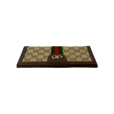 Pre-owned Gucci Brown Green Red Color Leather Canvas Long Wallet (bi-fold) ()