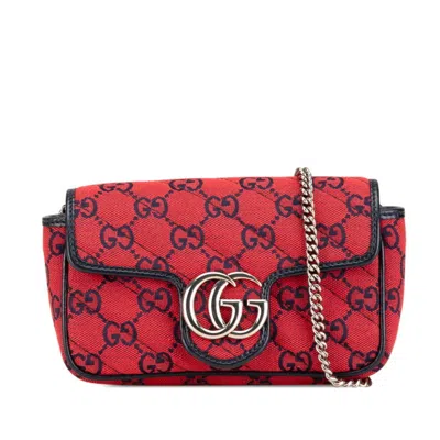 Pre-owned Gucci Navy Red Color Canvas Leather Shoulder Bag ()