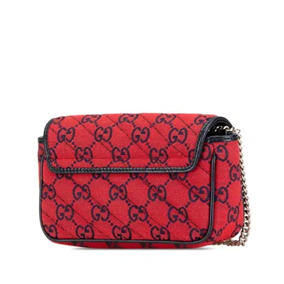 Pre-owned Gucci Navy Red Color Canvas Leather Shoulder Bag ()