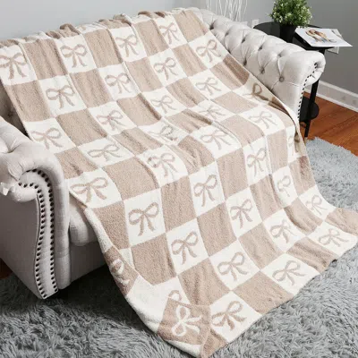 Fashnzfab Checkered Bow Patterned Reversible Throw Blanket In Brown