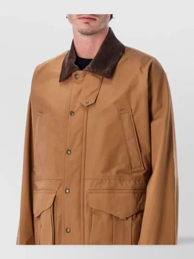 Junya Watanabe Cotton Canvas Jacket With Wool Back Insert And Corduroy Collar In Brown