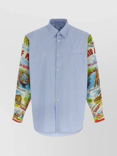 Comme Des Garçons Patterned Sleeve Cotton Poplin Shirt With Asymmetrical Hem In Blue