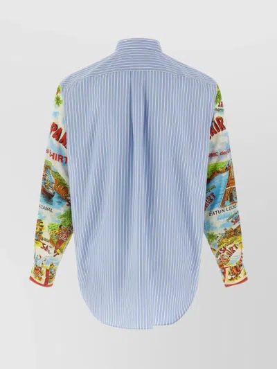 Comme Des Garçons Patterned Sleeve Cotton Poplin Shirt With Asymmetrical Hem In Blue