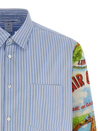 Comme Des Garçons Patterned Sleeve Cotton Poplin Shirt With Asymmetrical Hem In Blue