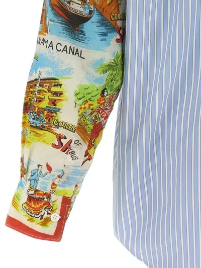 Comme Des Garçons Patterned Sleeve Cotton Poplin Shirt With Asymmetrical Hem In Blue