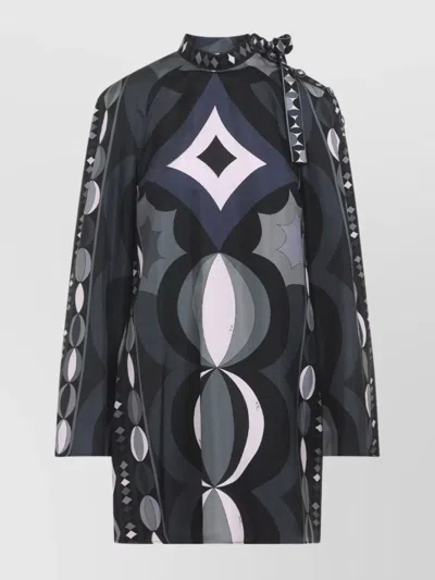 Pucci Geometric Pattern Long Sleeve High Neck Dress In Gray