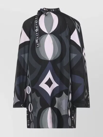 Pucci Geometric Pattern Long Sleeve High Neck Dress In Gray