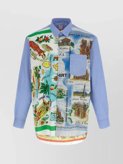 Comme Des Garçons Asymmetric Hem Shirt With Vibrant Landmark Prints In Multi