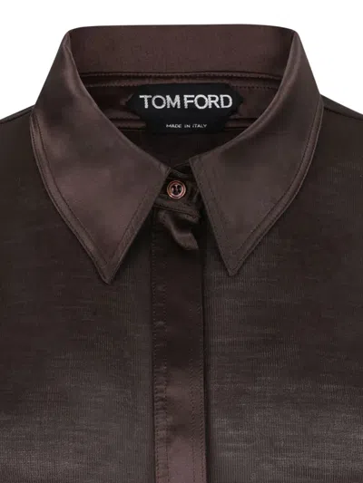 Tom Ford Silk Jersey Long Sleeve Polo In Brown