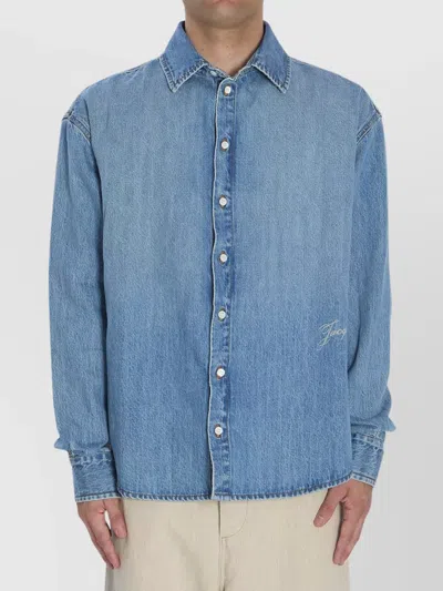 Jacquemus La Chemise De-nimes Simon With Embroidered Logo In Blue