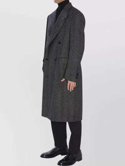 Lardini Double-breasted Wool Coat Herringbone Pattern In Gray