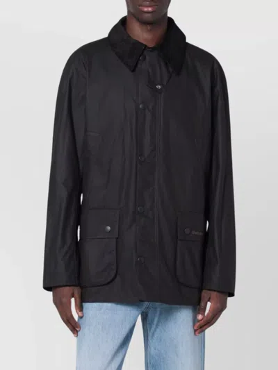 Barbour Collared Waxed Cotton Jacket And Pockets In Black