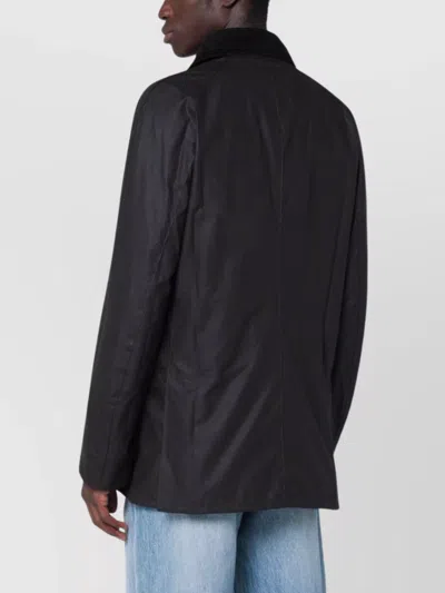 Barbour Collared Waxed Cotton Jacket And Pockets In Black