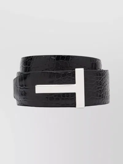 Tom Ford Reversible Crocodile Effect Belt With Metallic Buckle In Black