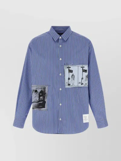 Comme Des Garçons Striped Shirt With Graphic Patches And Collar In Blue