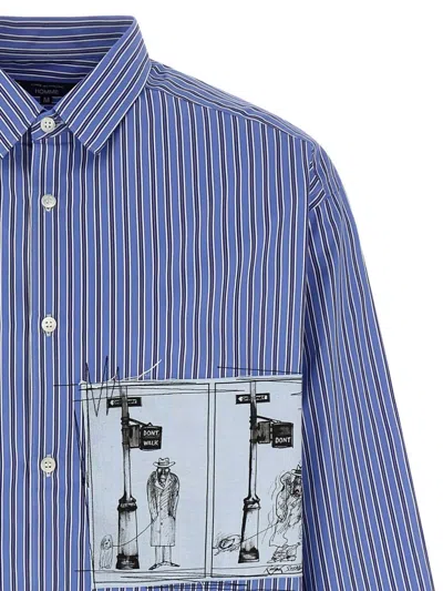 Comme Des Garçons Striped Shirt With Graphic Patches And Collar In Blue