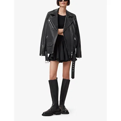 Allsaints Womens Black Tulip Draped Mid-rise Cotton Mini Skirt