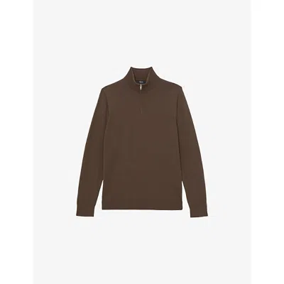 Reiss Mens Chocolate Brown Blackhall Half-zip Long-sleeve Merino-wool Jumper