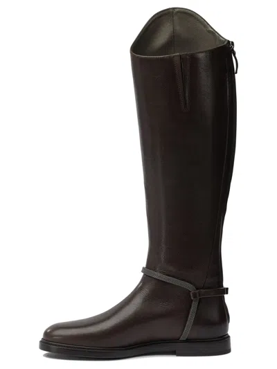 Brunello Cucinelli Classic Leather Boot With Precious Spurs In Brown