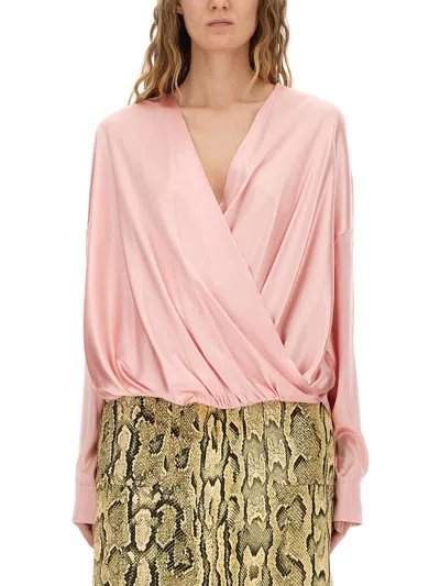 Dries Van Noten Stretch Satin Wrap Blouse With Buttoned Cuffs In Pink