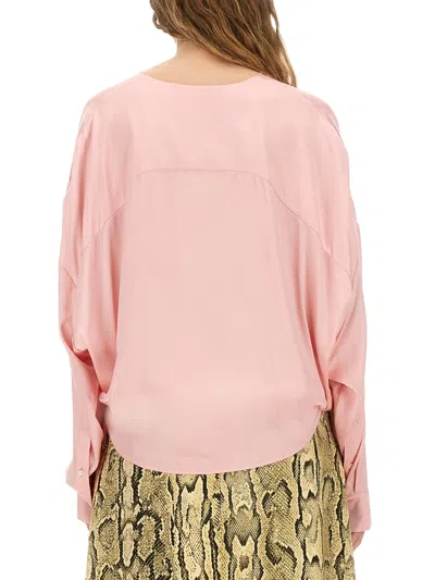 Dries Van Noten Stretch Satin Wrap Blouse With Buttoned Cuffs In Pink