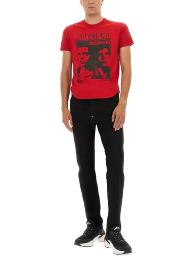Dsquared2 D2 X Magliano Red Crewneck T-shirt With Maxi Print On The Front In Cotton Man In Red