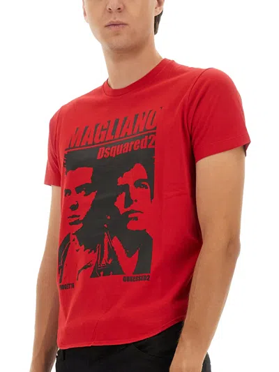 Dsquared2 D2 X Magliano Red Crewneck T-shirt With Maxi Print On The Front In Cotton Man In Red