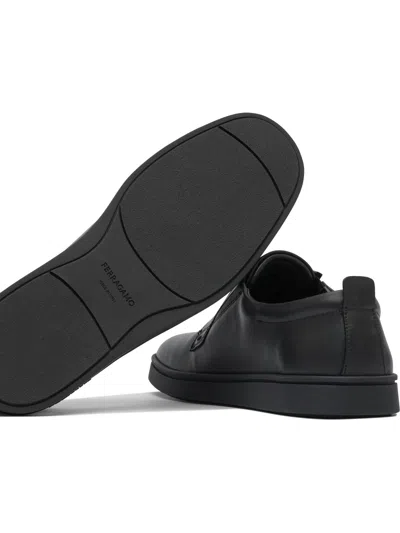 Ferragamo Alfie Black Sneakers With Gancini Detail On The Side And Embossed Logo Lettering On The Side In Leat In Black