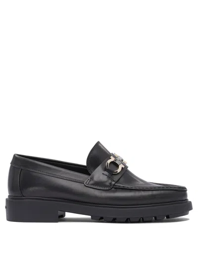 Ferragamo Leather Loafer With Gancini Metal Detail In Black