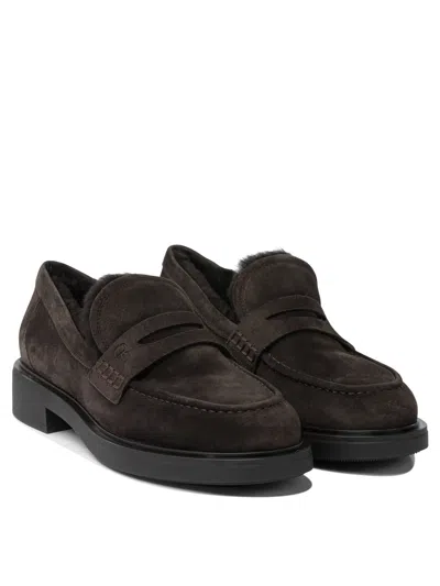 Gianvito Rossi Suede Loafers With Rubber Sole And Stitching In Brown