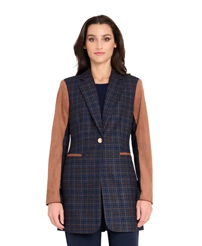 Tahari Asl Women's Mixed Media Plaid One-button Jacket With Suede Sleeves In Blue