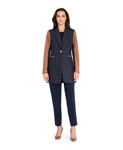 Tahari Asl Women's Mixed Media Plaid One-button Jacket With Suede Sleeves In Blue