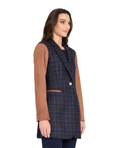 Tahari Asl Women's Mixed Media Plaid One-button Jacket With Suede Sleeves In Blue
