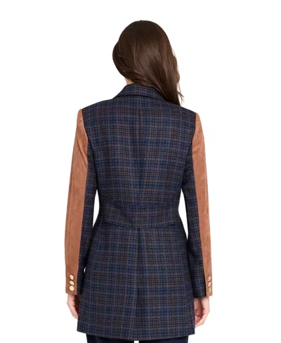Tahari Asl Women's Mixed Media Plaid One-button Jacket With Suede Sleeves In Blue