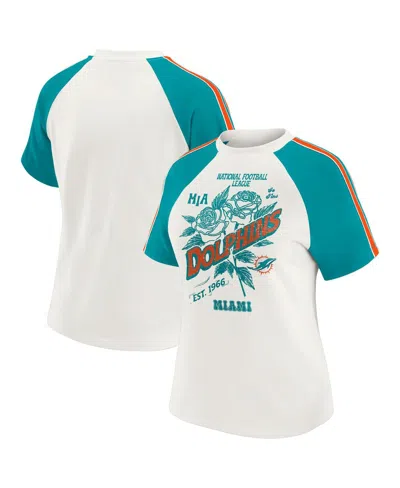 Wear By Erin Andrews Women's White Miami Dolphins Sleeve Stripe Distressed Raglan T-shirt In White