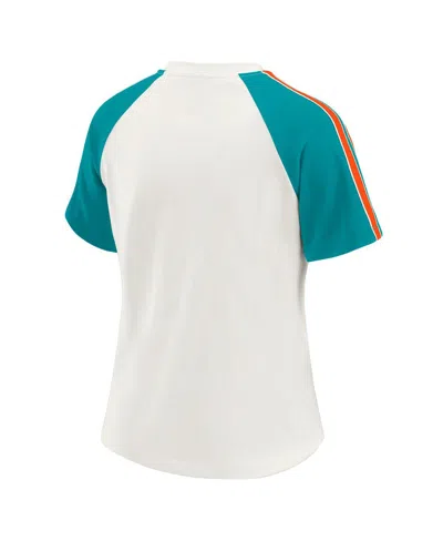 Wear By Erin Andrews Women's White Miami Dolphins Sleeve Stripe Distressed Raglan T-shirt In White