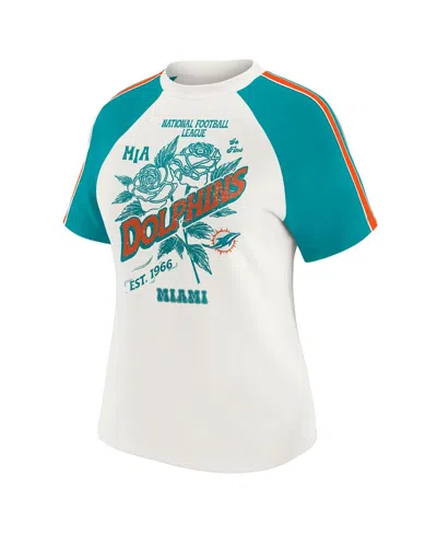 Wear By Erin Andrews Women's White Miami Dolphins Sleeve Stripe Distressed Raglan T-shirt In White