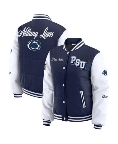 Wear By Erin Andrews Women's Navy Penn State Nittany Lions Varsity Puffer Jacket In Blue