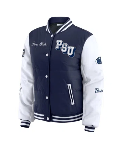 Wear By Erin Andrews Women's Navy Penn State Nittany Lions Varsity Puffer Jacket In Blue